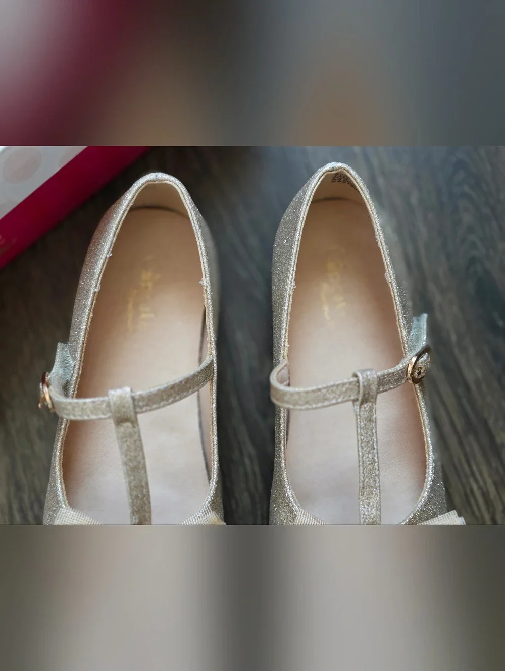 Cupcake Couture gold shimmer bow t-strap flats